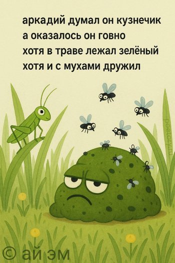 аркадий думал он кузнечик
а оказалось он говно
хотя в траве лежал зелёный
хотя и с мухами дружил аркадий думал он кузнечик а оказалось он говно хотя в траве лежал зелёный хотя и с мухами дружил — ай эм, иллюстрация, 15 октября 2025, Поэторий