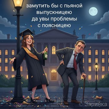 замутить бы с пьяной
выпускницею
да увы проблемы
с поясницею замутить бы с пьяной выпускницею да увы проблемы с поясницею — Заринка, иллюстрация, 04 ноября 2025, Поэторий