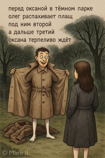перед оксаной в тёмном парке
олег распахивает плащ
под ним второй а дальше третий
оксана терпеливо ждёт перед оксаной в тёмном парке олег распахивает плащ под ним второй а дальше третий оксана терпеливо ждёт — MarkII, иллюстрация, 08 ноября 2025, Поэторий