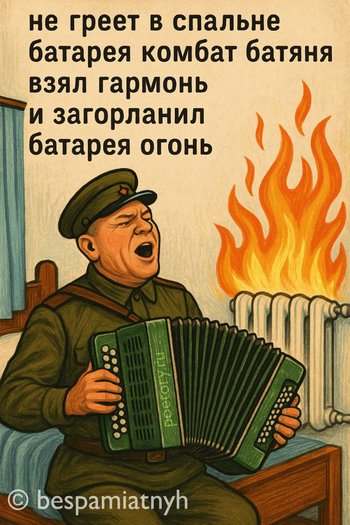 не греет в спальне батарея
комбат батяня взял гармонь
и загорланил батарея
огонь не греет в спальне батарея комбат батяня взял гармонь и загорланил батарея огонь — bespamiatnyh, иллюстрация, 14 ноября 2025, Поэторий