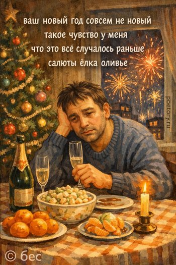 ваш новый год совсем не новый
такое чувство у меня
что это всё случалось раньше
салюты ёлка оливье ваш новый год совсем не новый такое чувство у меня что это всё случалось раньше салюты ёлка оливье — бес, иллюстрация, 22 декабря 2025, Поэторий