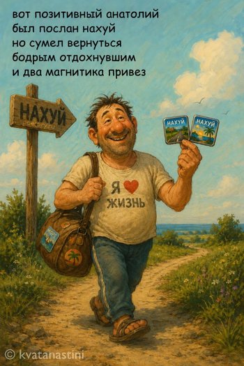 вот позитивный анатолий
был послан нахуй но сумел
вернуться бодрым отдохнувшим
и два магнитика привез вот позитивный анатолий был послан нахуй но сумел вернуться бодрым отдохнувшим и два магнитика привез — kvatanastini, иллюстрация, 09 мая 2026, Поэторий