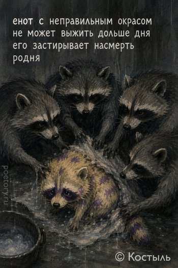 енот с неправильным окрасом
не может выжить дольше дня
его застирывает насмерть
родня енот с неправильным окрасом не может выжить дольше дня его застирывает насмерть родня — Костыль, иллюстрация, 10 мая 2026, Поэторий