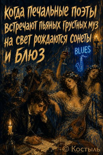 когда печальные поэты
встречают пьяных грустных муз
на свет рождаются сонеты
и блюз когда печальные поэты встречают пьяных грустных муз на свет рождаются сонеты и блюз — Костыль, иллюстрация, 10 мая 2026, Поэторий
