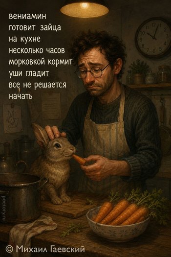 вениамин готовит зайца
на кухне несколько часов
морковкой кормит уши гладит
все не решается начать вениамин готовит зайца на кухне несколько часов морковкой кормит уши гладит все не решается начать — Михаил Гаевский, иллюстрация, 10 мая 2026, Поэторий